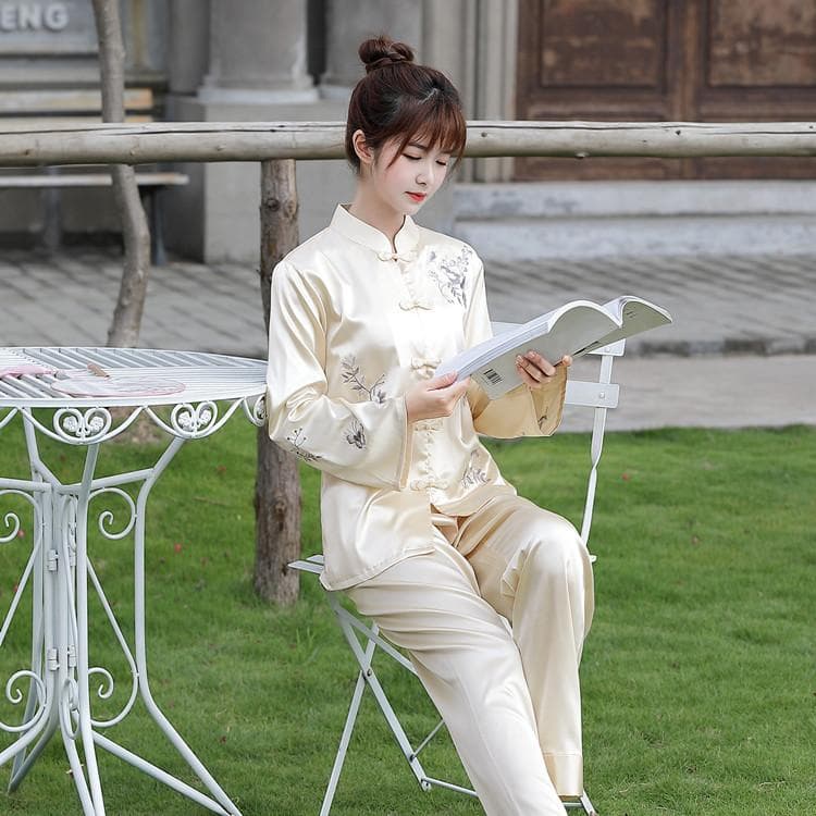 Pritning Flower Chinese Pajamas Sleep Set Shirt Pant Stand Collar Nightwear 2Pcs Embroidery Silk Vintage Button Sleepwear M