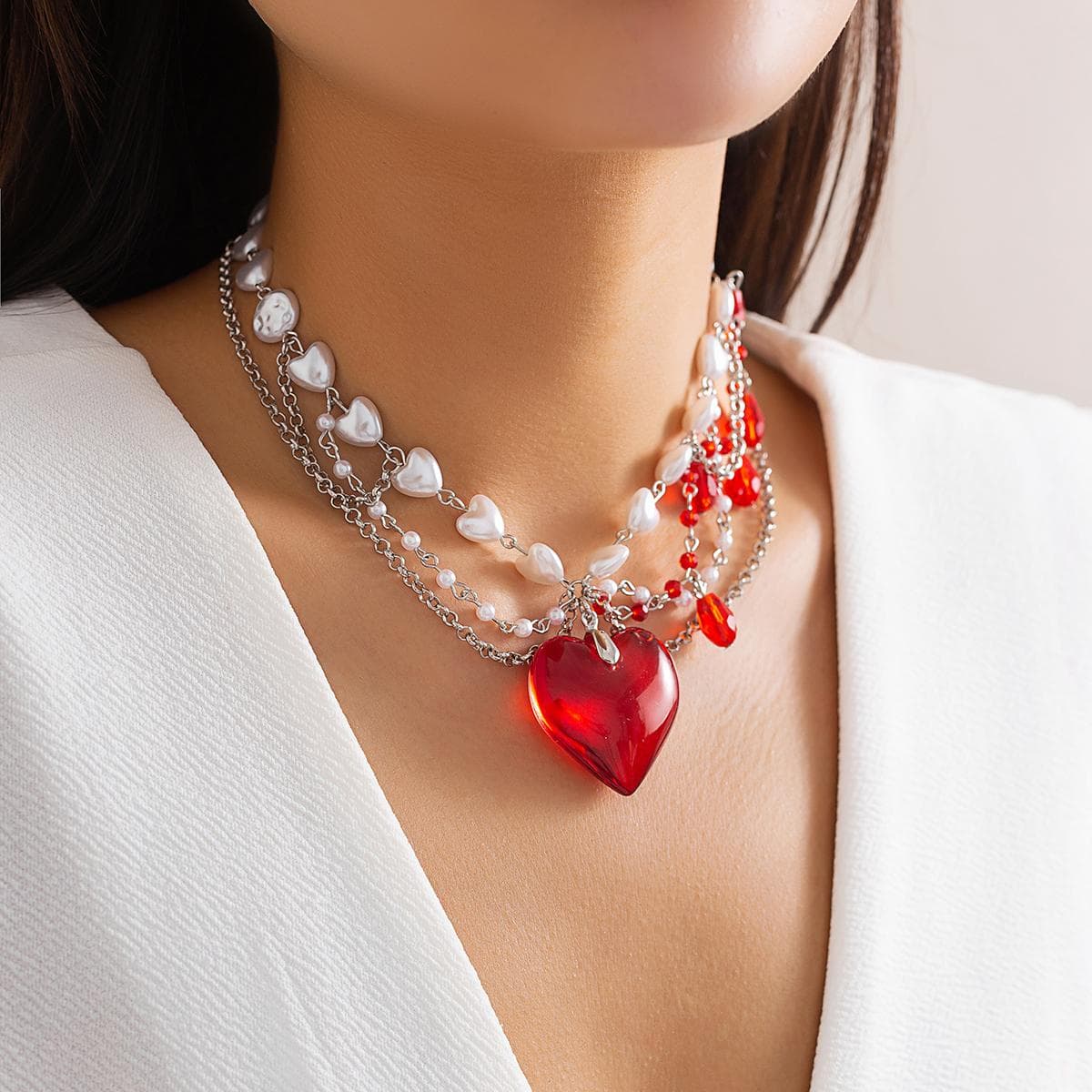 Luxury Multi layered Red Crystal Peach Heart Pendant Necklace for Women Elegant Imitation Pearl Link Chain Jewelry red