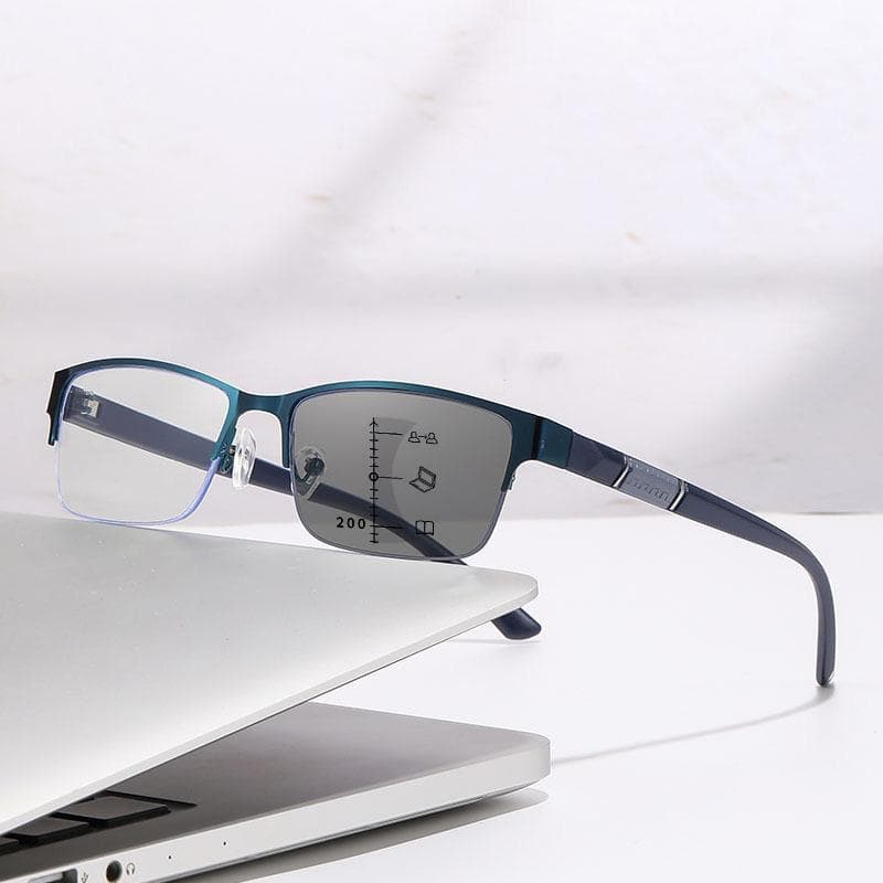Men Photochromic Multifocal Eyewear Metal Frame Far Sighted Smart Reading Glasses with Sunshades 0