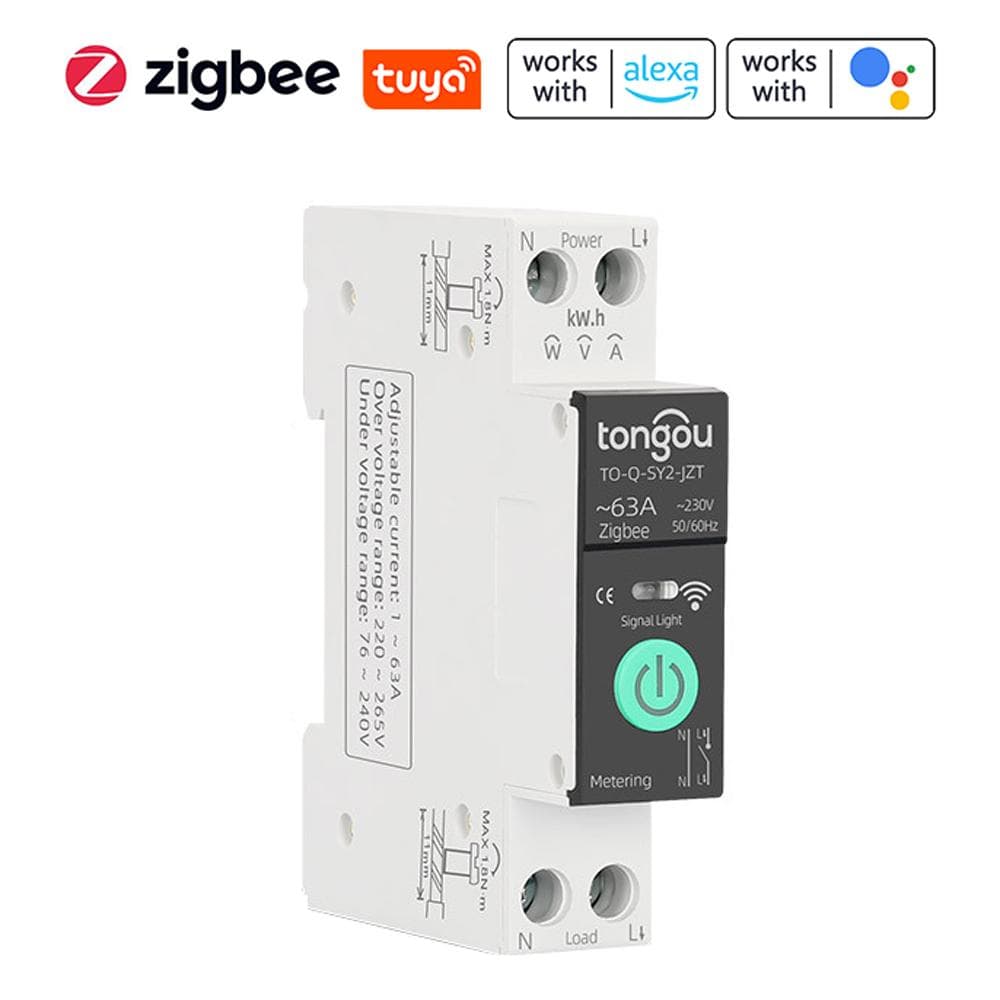 TONGOU Tuya ZigBee Intelligent Circuit Breaker with Metering 1P 63A DIN Rail Support 3 Timing Modes ZigBee white