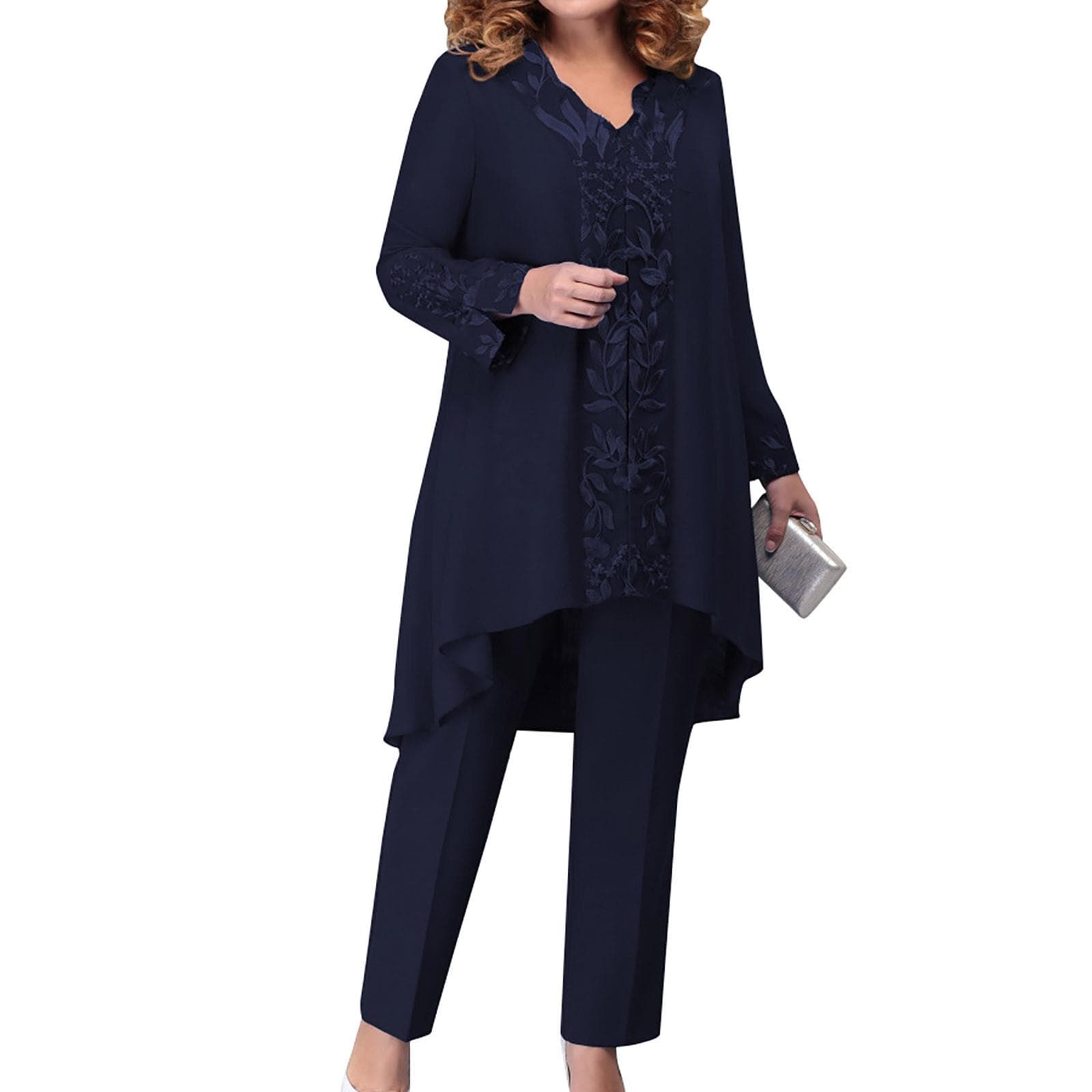 Women's 3-piece Evening Dress Patchwork Embroidered Temperament Commuting Slim Fit Set Cocktail Suit L Dark blue