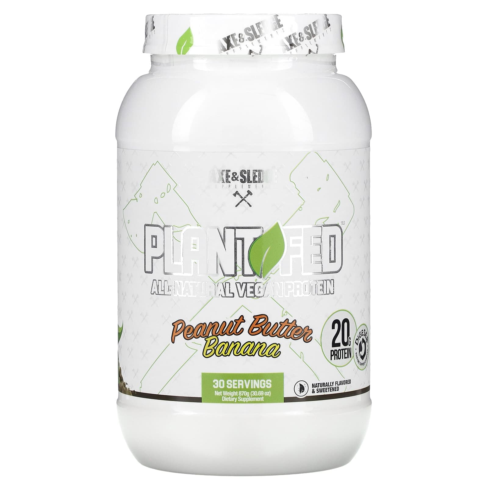 Ax & Sledge Supplements, PlantFed, 100% Natural Ingredients Vegan Protein, Peanut Butter Banana Flavor, 30.69 oz (870 g)