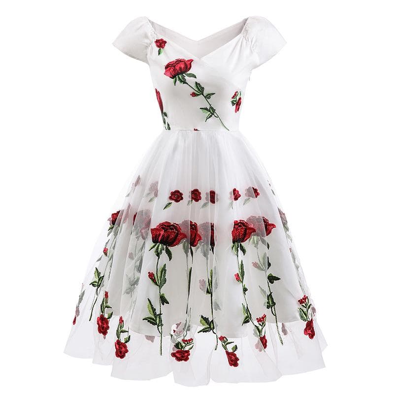 Women Floral Embroidered Mesh Dress Off the Shoulder Short Sleeves Vintage A-Line Tea Cocktail M white