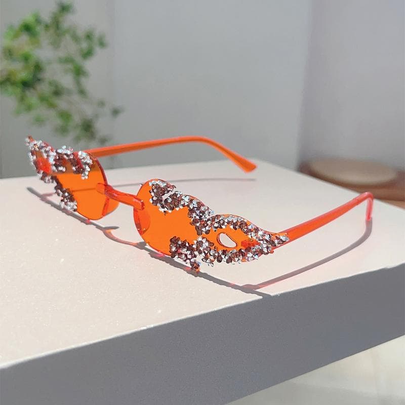 KAMMPT Rimless Fire Design Sunglasses Women Candy Color Chic Crystal Shiny Beach Party Pink Sun Glasses Fashion as picture shows