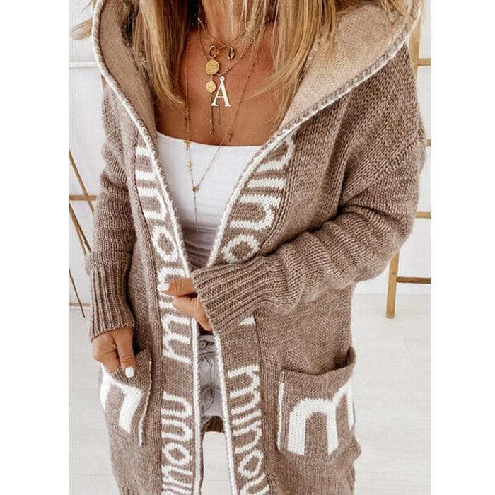 Knitted Sweater Autumn Winter Medium Length Cardigan Letter Hooded Knitted Women's Sweater M dark brown