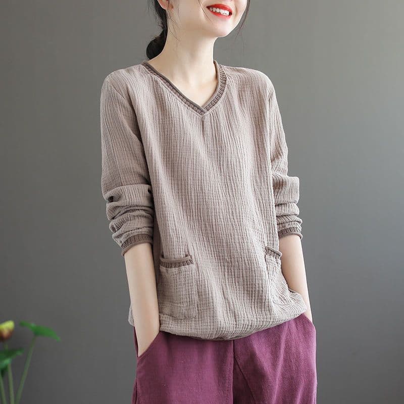 Oversized Vintage T Shirt Women Cotton Linen T-Shirt Long Sleeve Floral Loose Tee Shirt Woman Autumn Tshirt Ladies Tops Casual S khaki