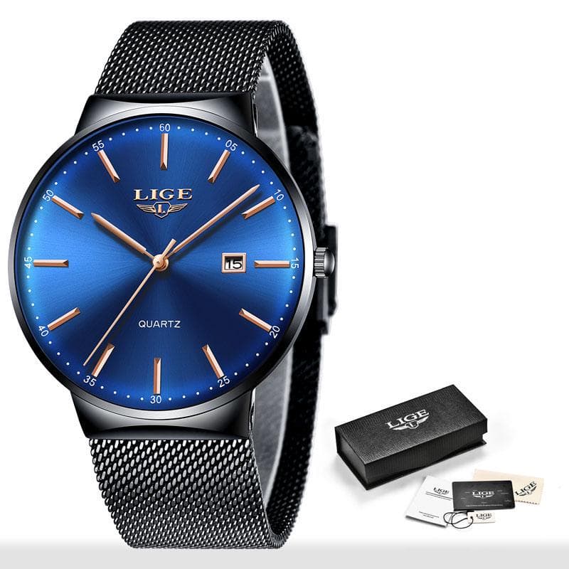 LIGE Womens Watches Top Brand luxury Analog Quartz Watch Women Full Blue Mesh Stainless Steel Date Clock Fashion Ultra-thin Dial blue/black