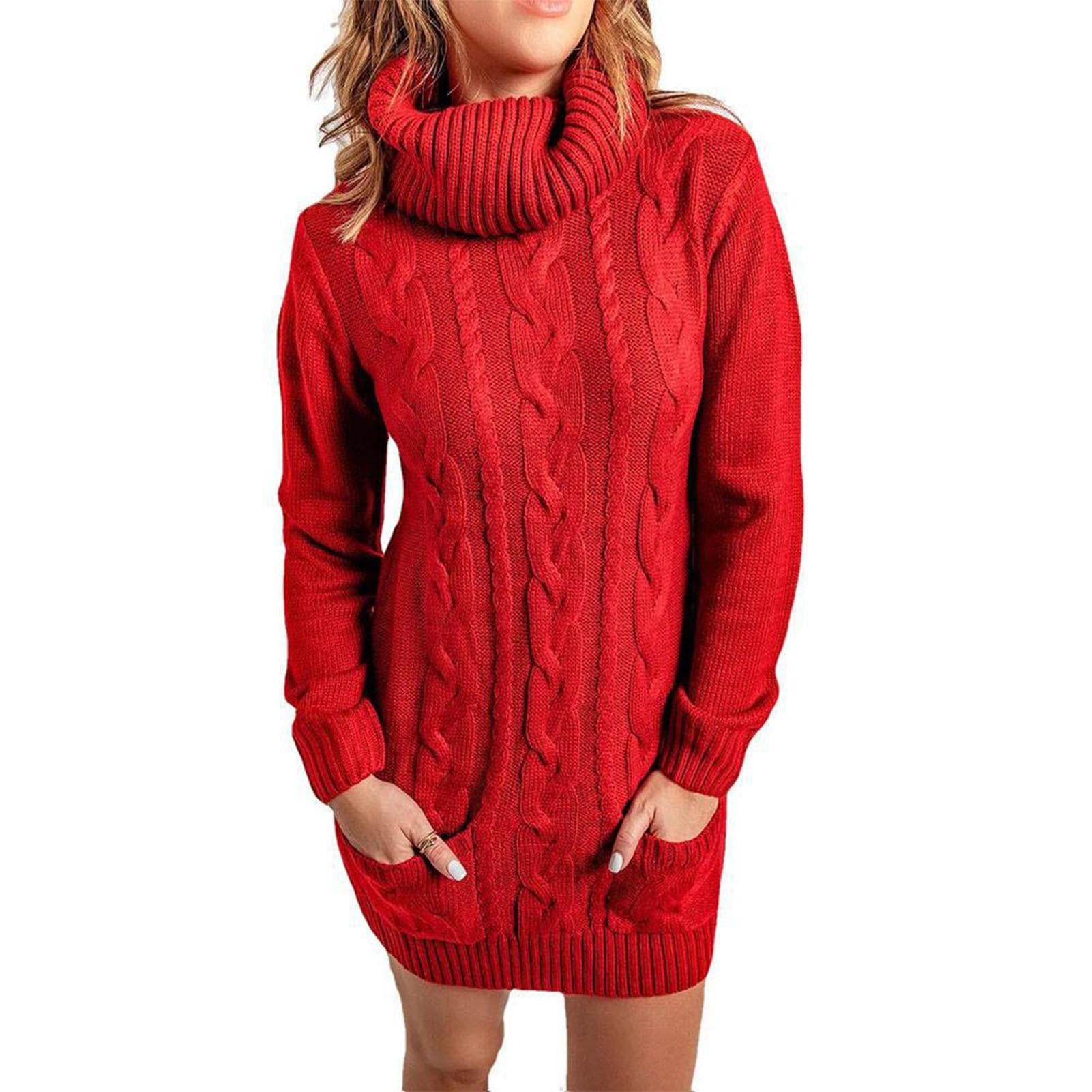 Casual Cable Knit Dress High Neck Long Sleeve with Pocket Loose Sweater Dress for Women Red L L(for 6.5-9kg) red