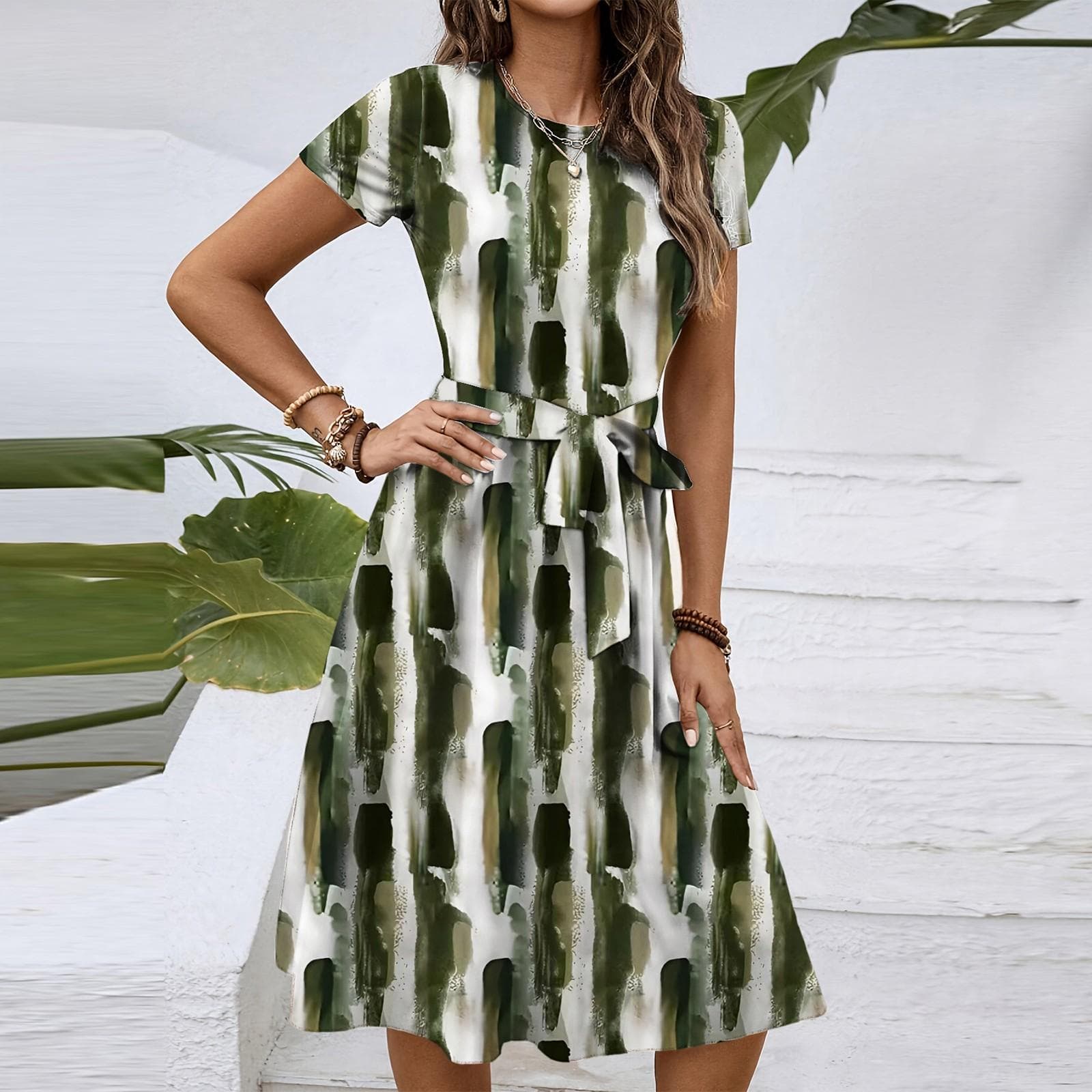Women's Fashionable Retro Patterned Printing Color Blocked Belt Casual Dress L green