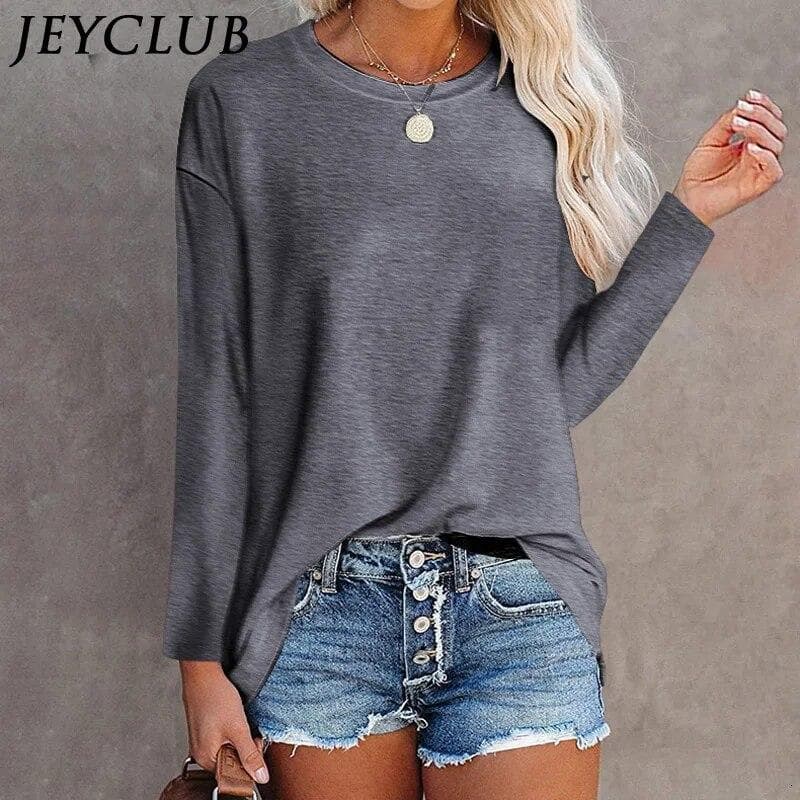 Elegant Solid Color Long Sleeved Cotton T-shirt Tops Women O Neck All Match Harajuku Y2K Female Clothes Loose Casual Tees Femme M dark grey