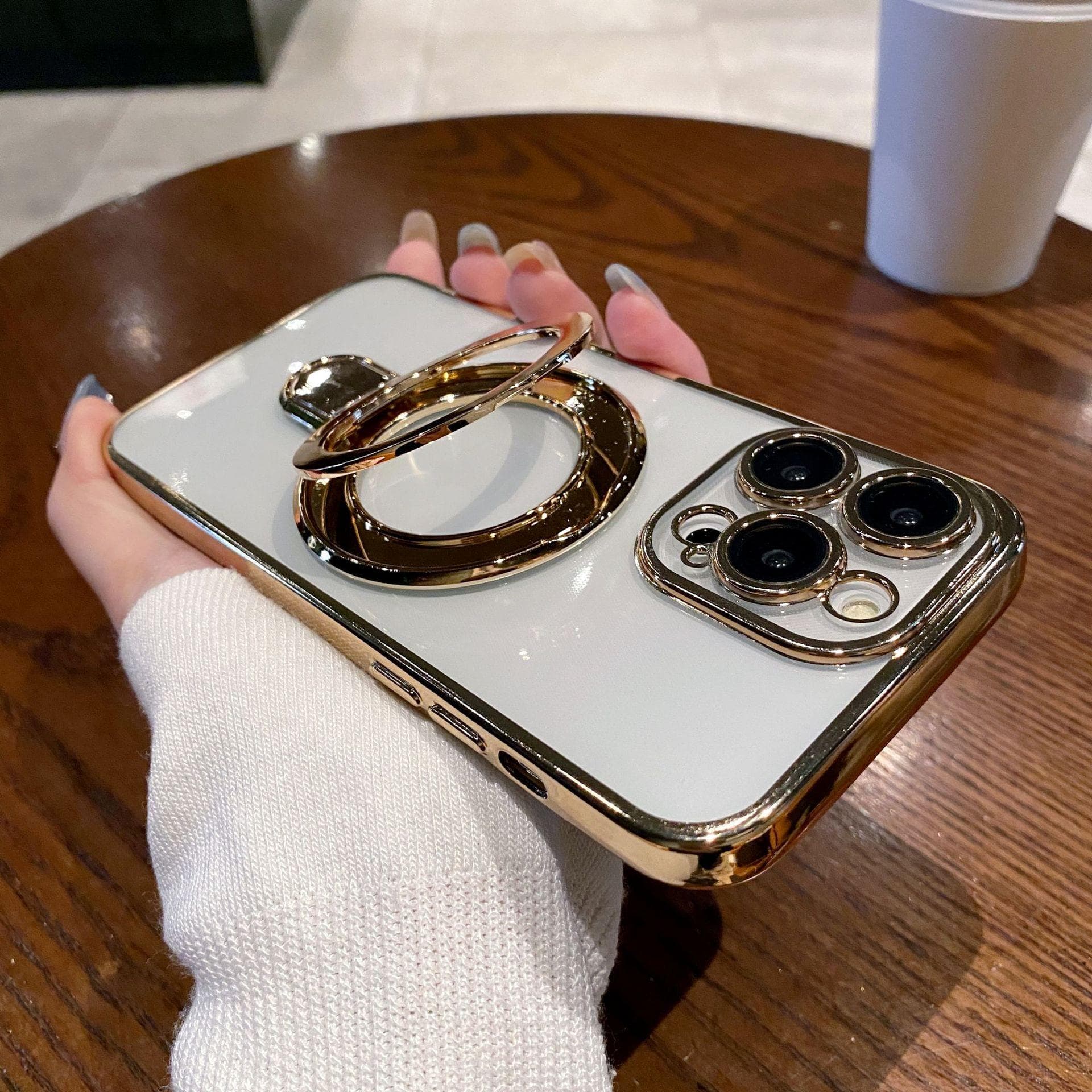 Applicable To IPhone 15 Mobile Phone Case Metal Fulcrum Bracket Magnetic Suction Apple 16 Electroplated TPU Lens Film Soft Shell 14 iPhone 7/8/se2 gold