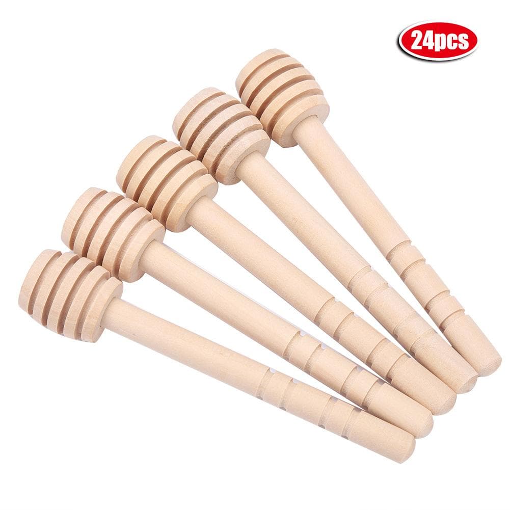 24Pcs Wooden Honey Dripper Stick Server Jam Syrup Drizzler Stirring Rod Kitchen Gadgets (10cm)