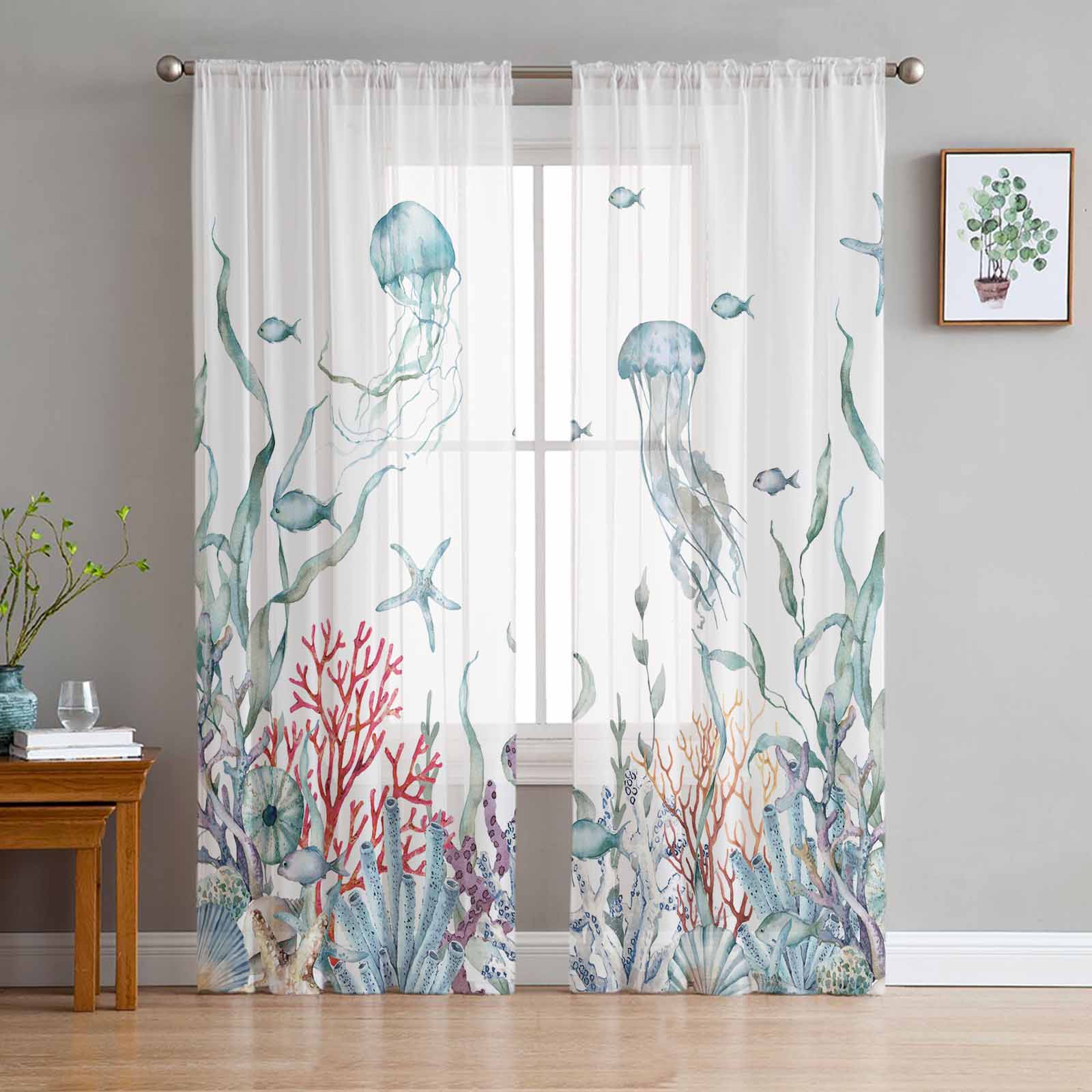 Marine Coral In Summer Tulle Window Curtains for Bedroom Luxury Home Decor Drapes in Living Room Chiffon Panels 135W x 114H(cm)