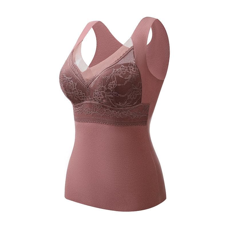 Women's Autumn and Winter Lace Velvet Thermal Vest Women's Embroidered Fixed One-Cup Slim Bottoming Thickened Thermal Underwear XL coffee