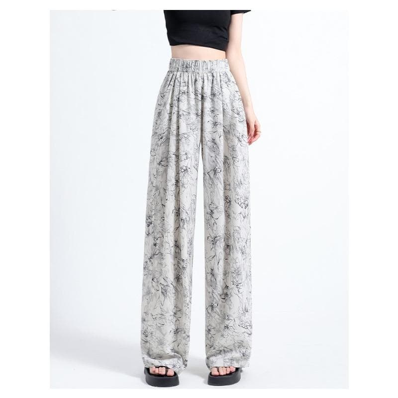 Ink Painting Chiffon Wide-leg Pants for Women In Summer Thin High Waist Droop Printing Loose Casual Slim Retro Trousers XL