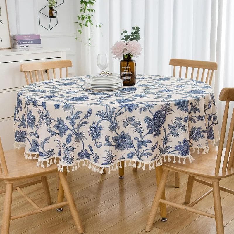 Plant Printed Circular Tablecloth Tassel Border Floral Image Desktop Cover Hotel Restaurant Pastoral Decorative Table Cloth round 90cm 1pcs