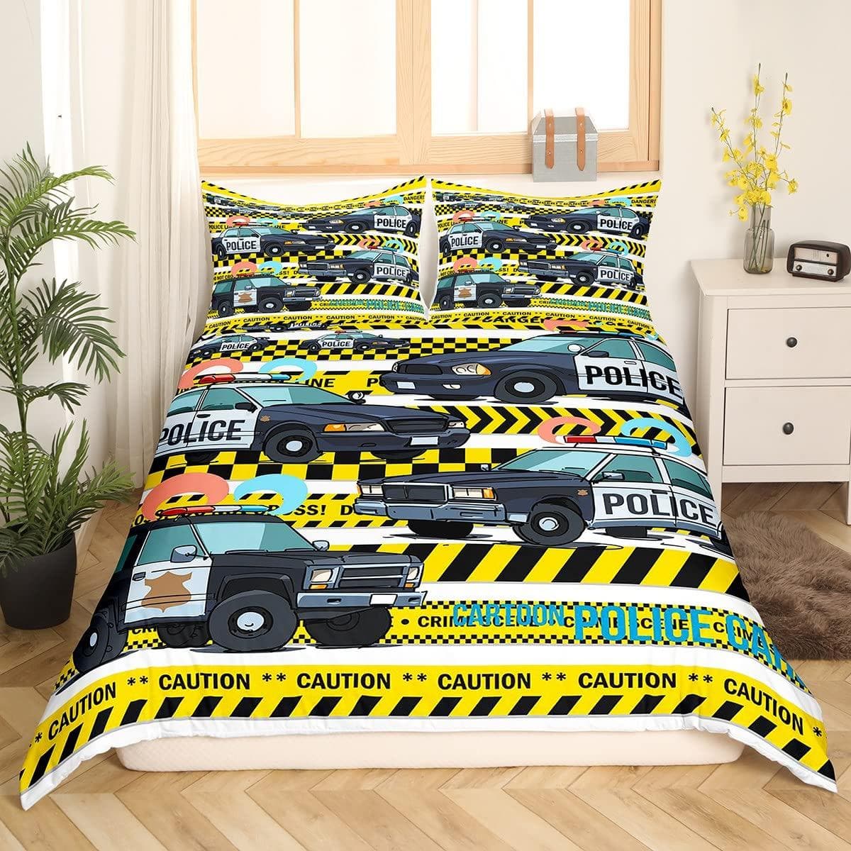 Policeman Car King Queen Duvet Cover Cartoon Black Police Car Bedding Set Boys Red Blue Cop Lights 2/3pcs Polyester Quilt Cover 70x133cm 2pcs