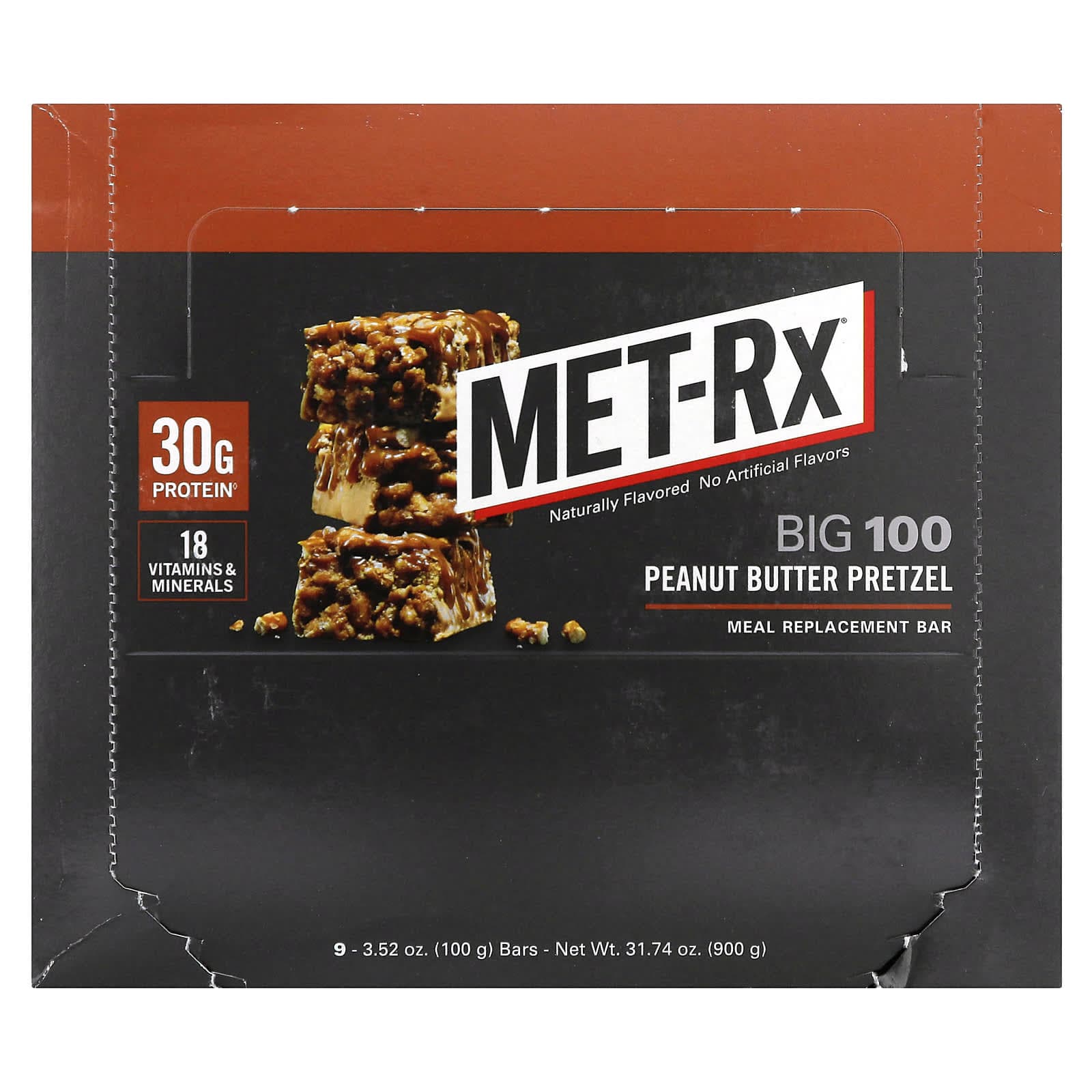 MET-Rx, Big 100, Meal Replacement Bars, Peanut Butter Pretzels, 9 Count, 100 g (3.52 oz) Each