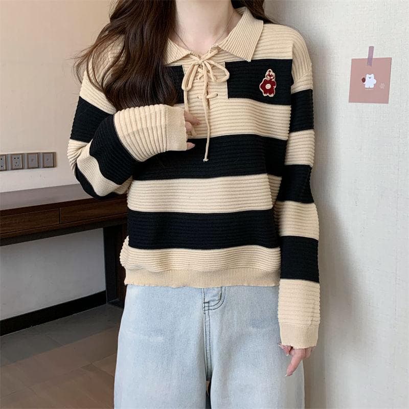 Vintage Striped Sweater Design Feeling Slouchy Sweater Women POLO Neck Long-sleeved Top one size
