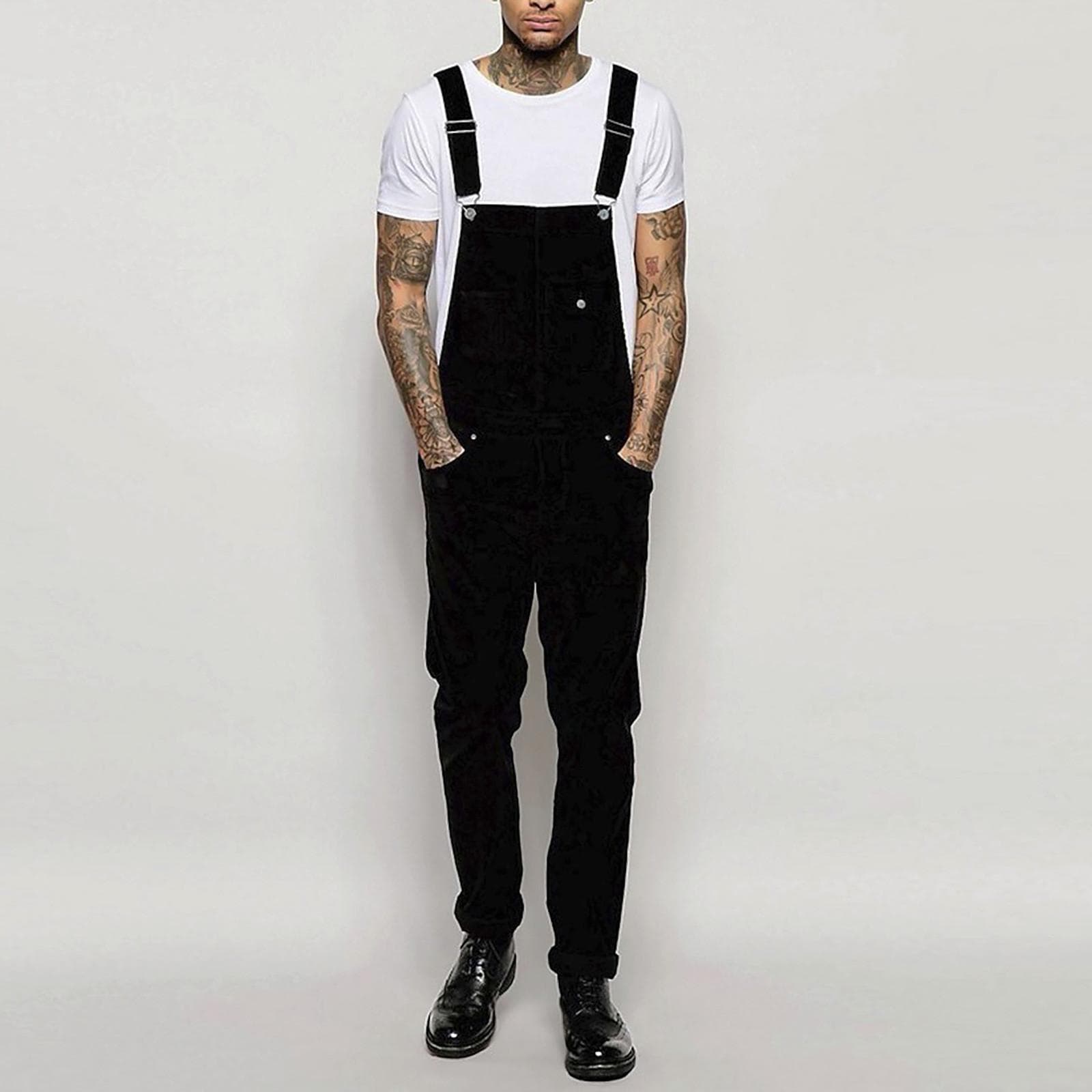 Mens Jeans Wash Overall Jumpsuit Streetwear Pocket Suspender Pants Trousers XXL black