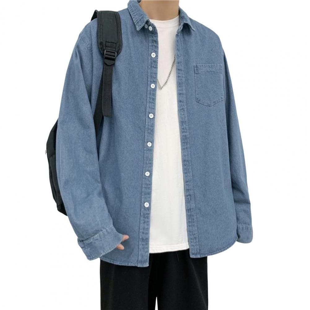 Men Spring Summer Shirt Coat Turn-down Collar Long Sleeves Single-breasted Cardigan Loose Chest Pocket Pure Color School Daily D M dark blue