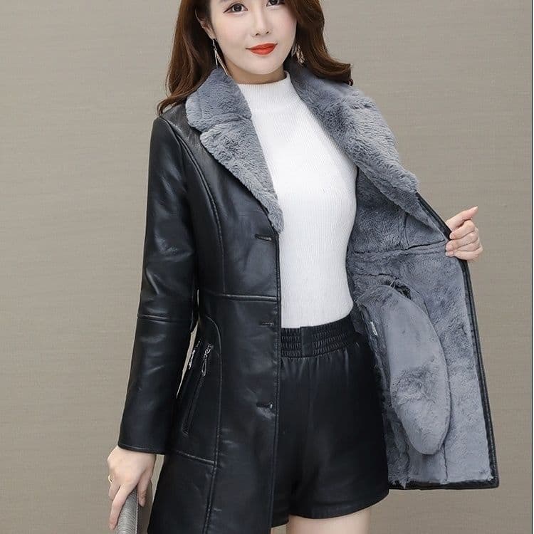 Winter Leather Jacket for Women with Medium To Long Fleece Slim Fit and Trendy PU Style 4XL gray