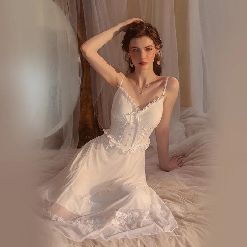 Nightgown Women's Nightgown Set Spring Lace Solid Mesh Nightgown Comfortable Women's Home Clothes L