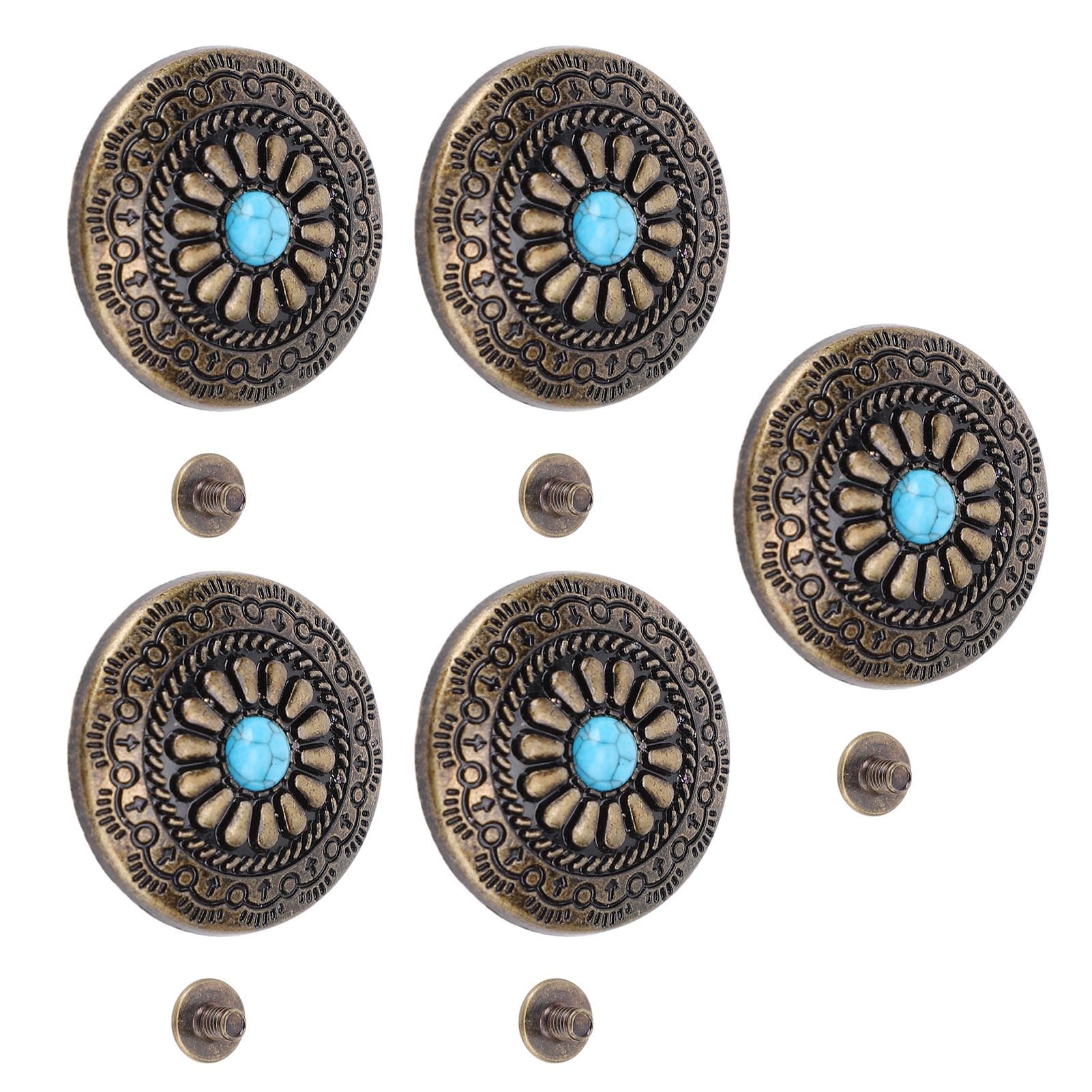 5 Sets Blue Turquoise Flower Rivet 30mm Bronze Decorative Screw Back Button with 4.5mm PH Screws