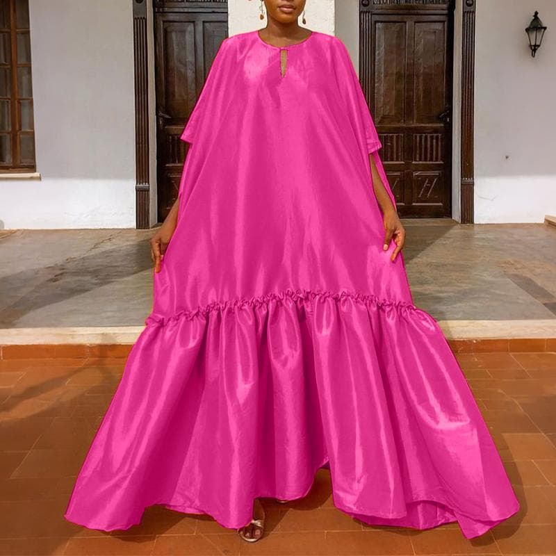 Plus Size Women O Neck Batwing Sleeve Ruffled Loose Party Maxi Long Dress XL dark pink