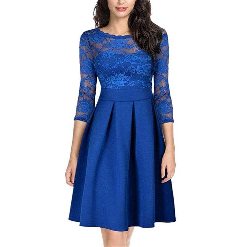 New Summer Women Sheer Lace Panel Dress O-neck 3/4 Sleeve Zipper Ruffle Hem Elegant Solid Evening S blue