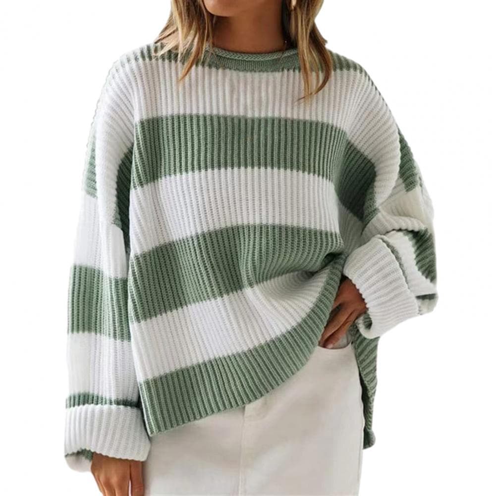 Fall Winter Women Sweater Colorblock Knitted Thick Loose Warm Pullover Round Neck Elastic Soft Cozy Anti-shrink Long Sleeve Lady M light green
