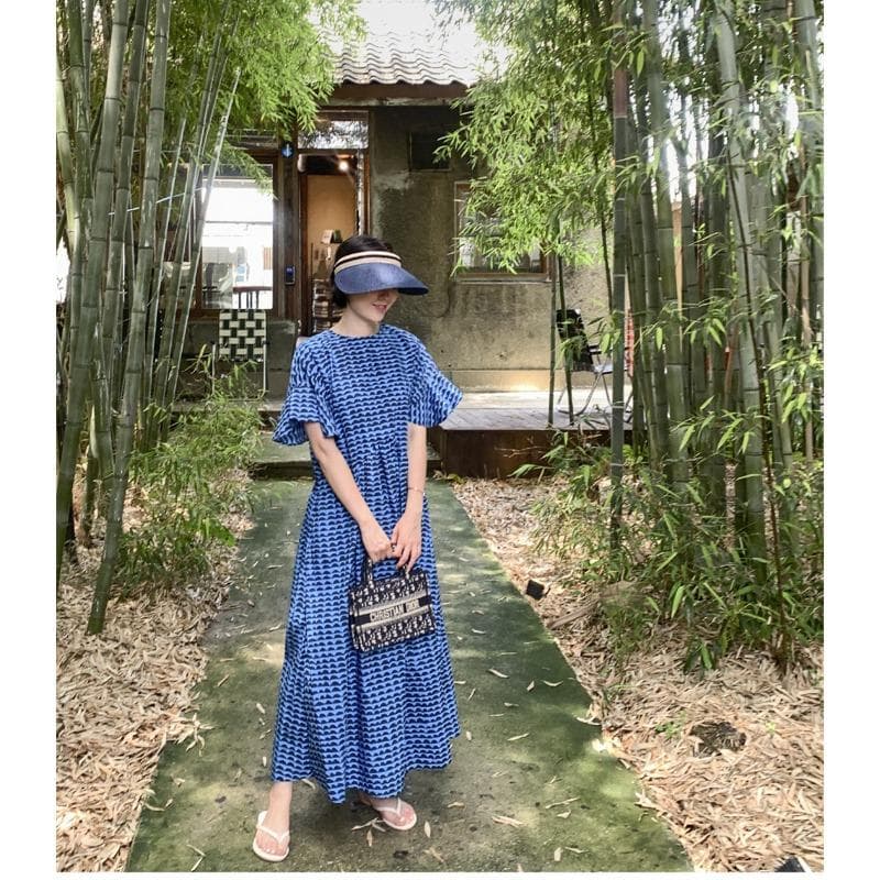 Summer New Korean Style Loose Slimming Lotus Leaf Sleeve Dress Women's Personalized Printed Casual Large Size A-line Skirt XL