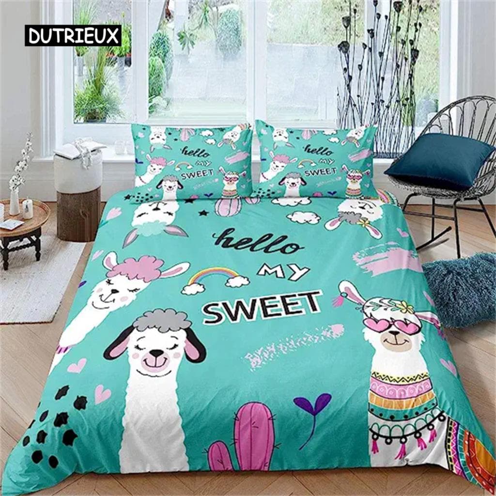 Cartoon Alpaca Duvet Cover Cute Bedding Set Cartoon Llama Comforter Cover For Boys Girls Teens Animal Theme Bedroom Decor Green 155x215cm 3pcs