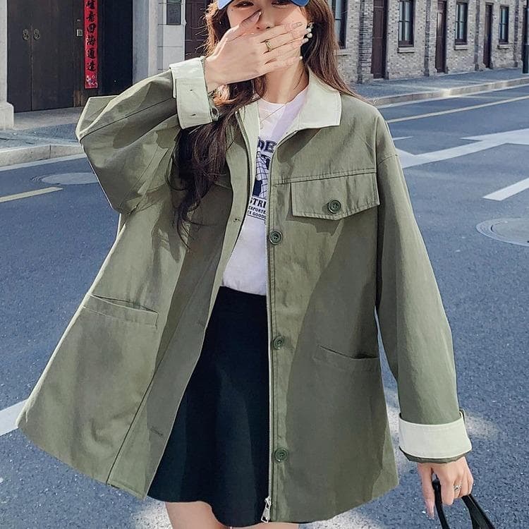 Loose Military Green Workwear Windbreaker Jacket for Women Spring and Autumn New American Retro Casual Top College Style XL green