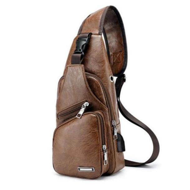 Men's Shoulder Pack Charging Leather Movement USB Chest Bag Sports PU Hiking Sling Bag light brown