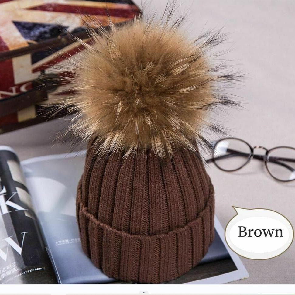 2023Hot Women Winter Racoon Fur Pom Pom 15cm Ball Knit Beanie Ski Cap Bobble Hat brown