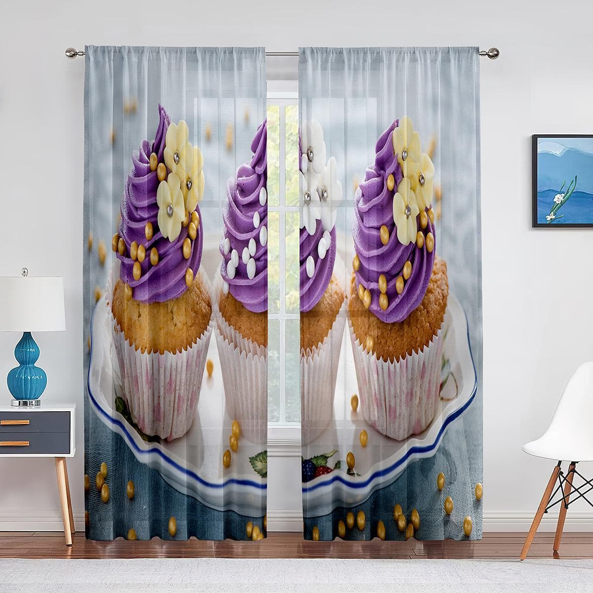 Beautiful Cake Rose Flowers Cream Sheer Voile Curtains Living Room Bedroom Window Drapes Balcony Kitchen Chiffon Tulle Curtain 1 PCS W100XH250cm&Grommet Top