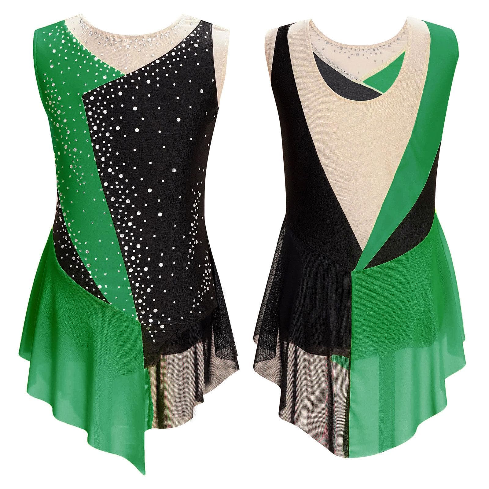 Kids Girls Shiny Rhinestone Sheer Mesh Sleeveless Bodysuit Ballet Figure Skating Gymnastics Leotard Dress 11-12 Years green