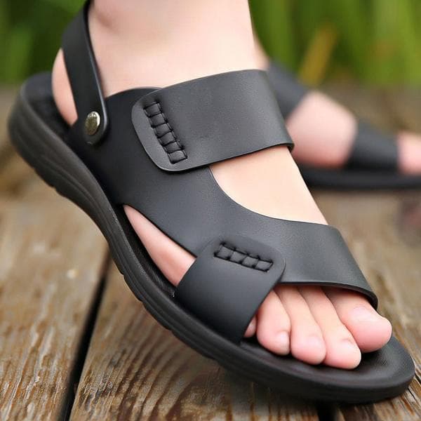 Summer fashion leather sandals men's non-slip casual flip flops leather sandals summer breathable travel shoes men's beach sandals 38-48 43 black