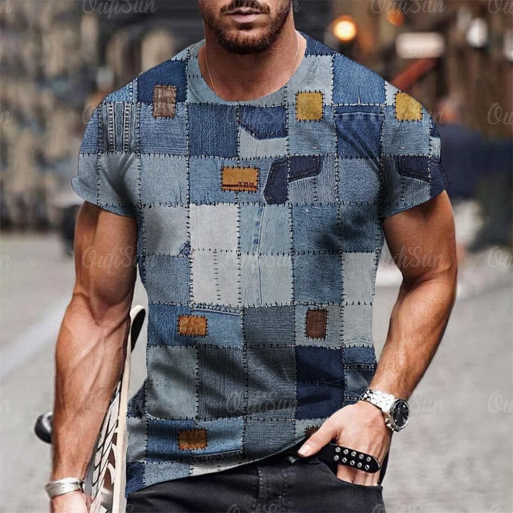 Men's T Shirt 3D Digital Patchwork Graphic Print Short Sleeve T-Shirts Comfy Casual Elastic Crew Neck Men Outdoor Activities Top S