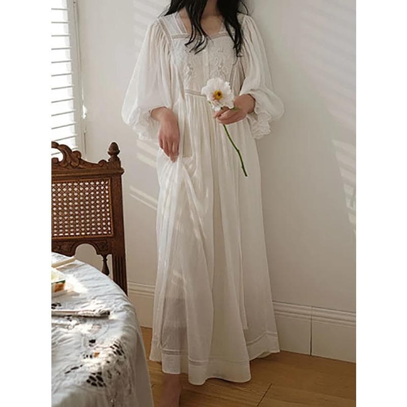 Women Pure Cotton Ruffles Vintage Nightgowns Robe Nightie Long Dress Victorian Romantic Princess Sleepwear Nightdress Homewear S