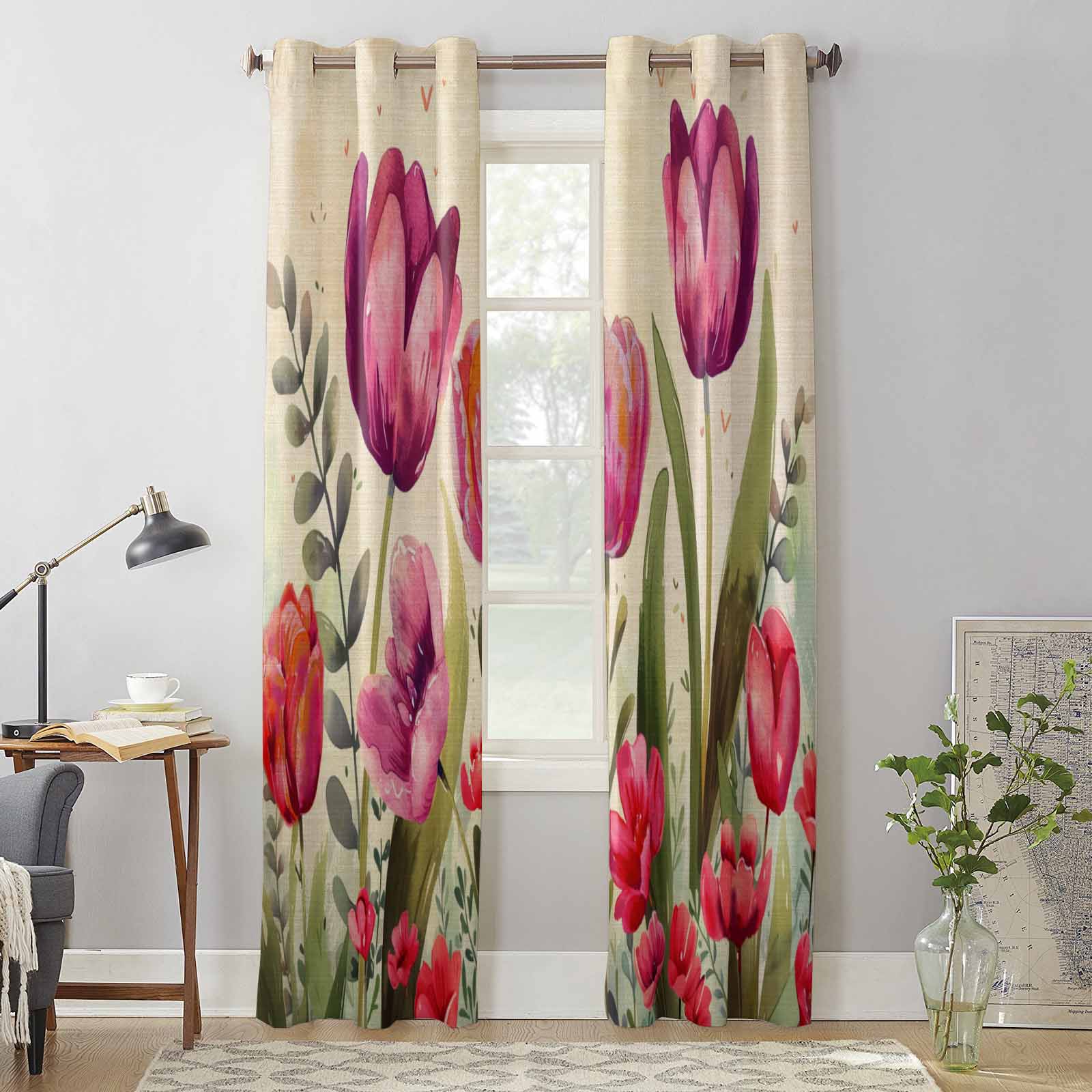 Flower Tulip Leaves Window Curtains for Living Room Luxury Bedroom Curtain Kitchen Blinds Drapes Curtains 135W x 92H(cm) x1
