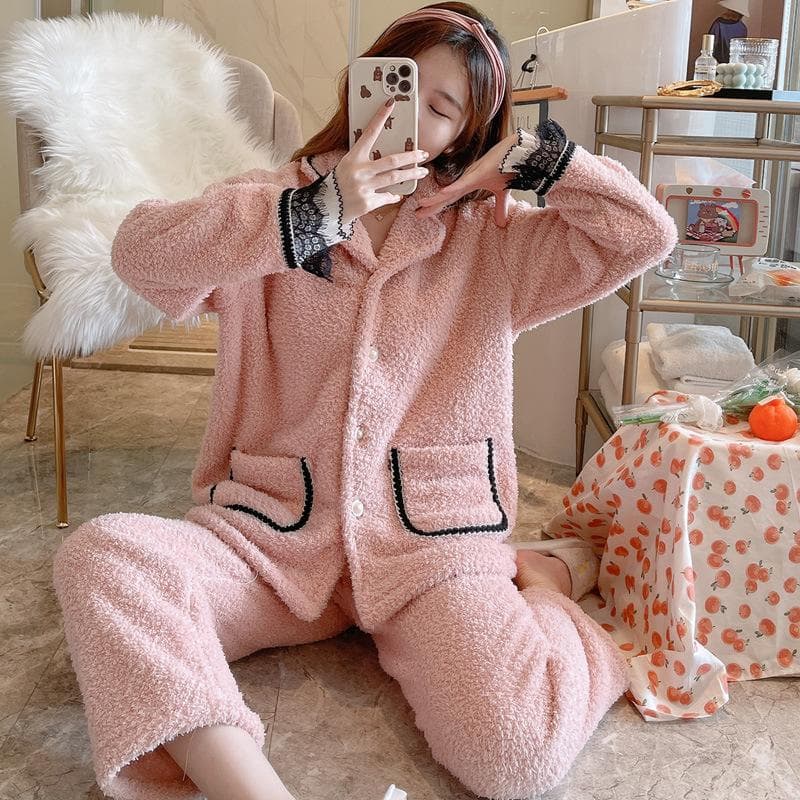 French Princess Style Pajamas Women Winter Thickened Warm Coral Fleece Nightwear Cardigan Lapel Flannel Home Clothes Sleepwear XL pink