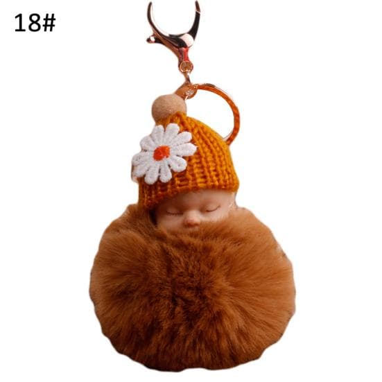 VANA Shop Cute Sleeping Baby Fluffy Pompom Plush Doll Hanging Pendant Key Ring Keychain one size coffee