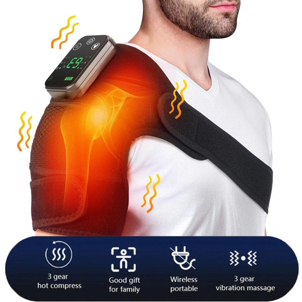 Electric Shoulder Massager Heating Vibration Massage Belt Shoulder Physiotherapy Brace Knee Arthritis Pain Relief Rechargeable black