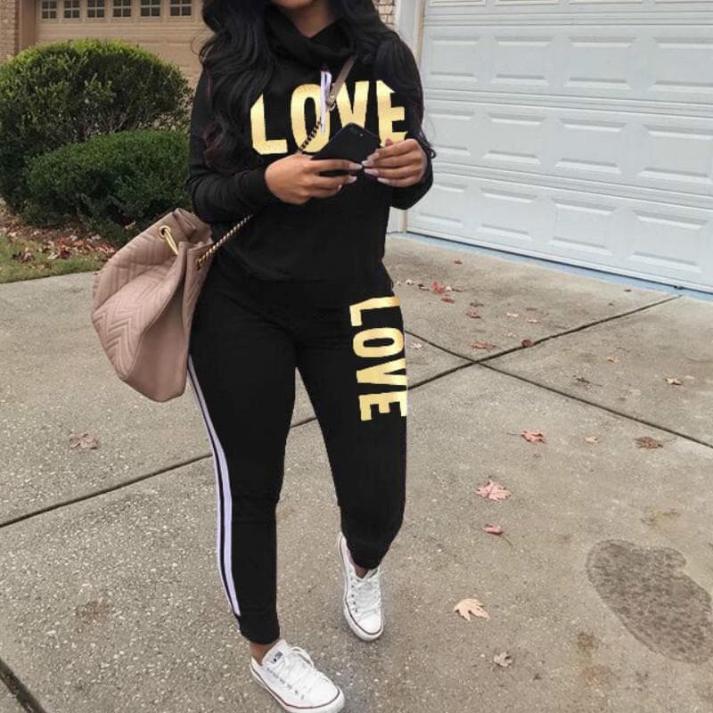 Women Two Pieces Clothes Long Sleeve Sweater Pant Casual Sportswear Suits XXL black