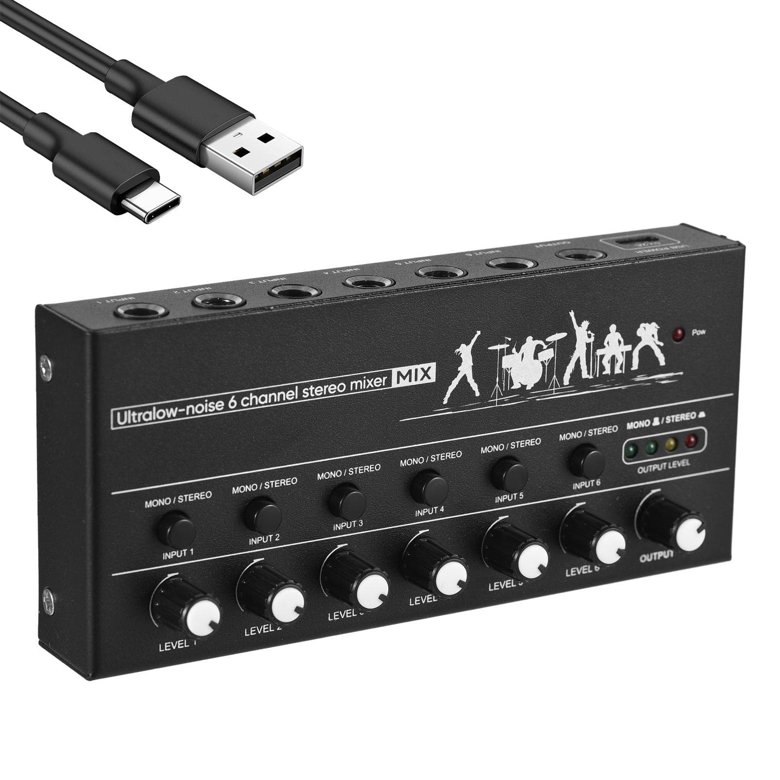 6-Channel Audio Mixer Stereo Line Mixer Metal Shell USB Type-C Power Supply for Guitar Bass black
