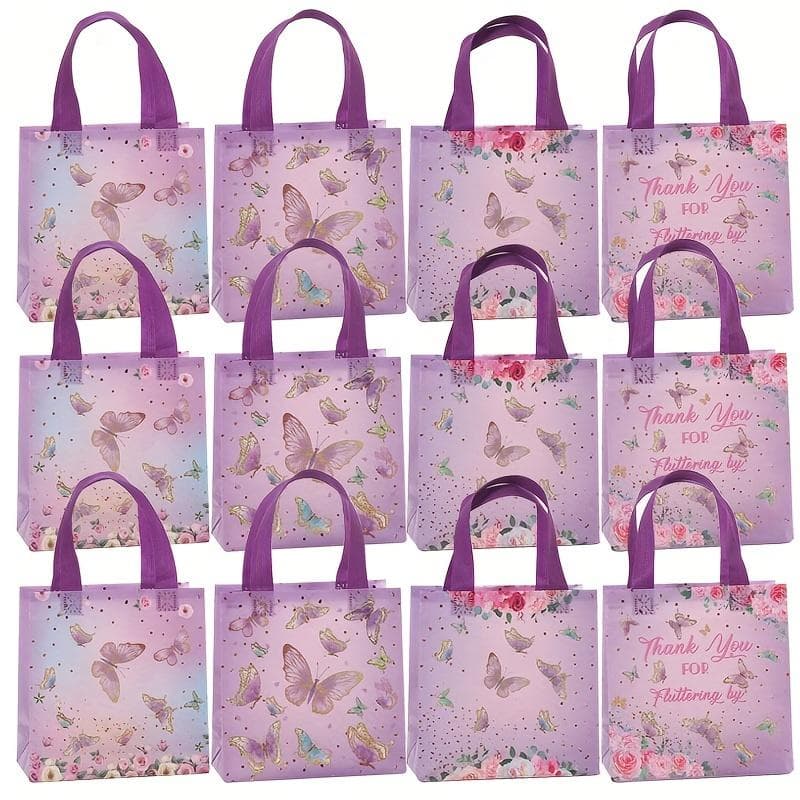 12pcs, Gift Tote Bag,Non-woven Bag,butterfly Printed Shopping Bag,Office Supplies Gift Packaging Bag, Wedding Birthday Party Gift Bag 12pcs purple