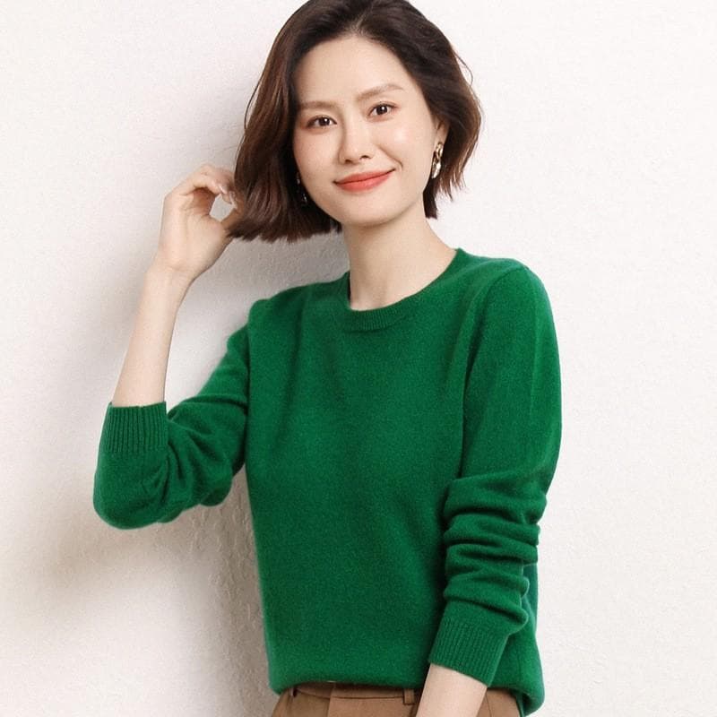 Spring and Autumn Women's Sweater Pullover Knit Sweater Round Neck Long Sleeve Sweater Bottom Shirt Solid Color Sweater L green