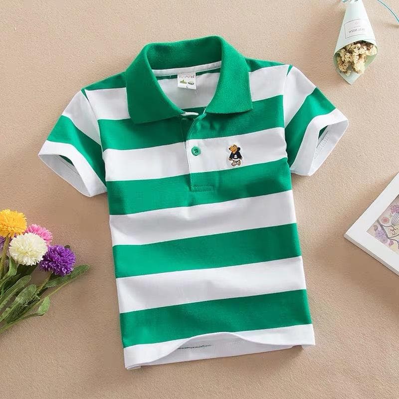 Children's Short Sleeved Summer Children's Wear Middle and Large Children's T-shirt Cotton Stripe Polo Shirt 110cm green light
